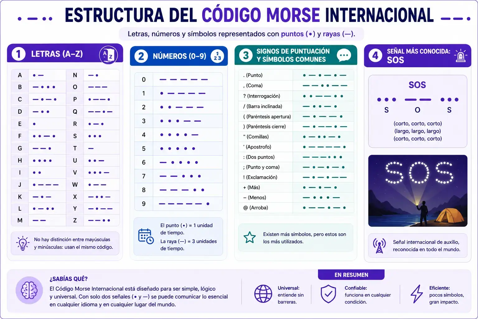 Struttura del codice Morse internazionale — tabella di lettere e numeri